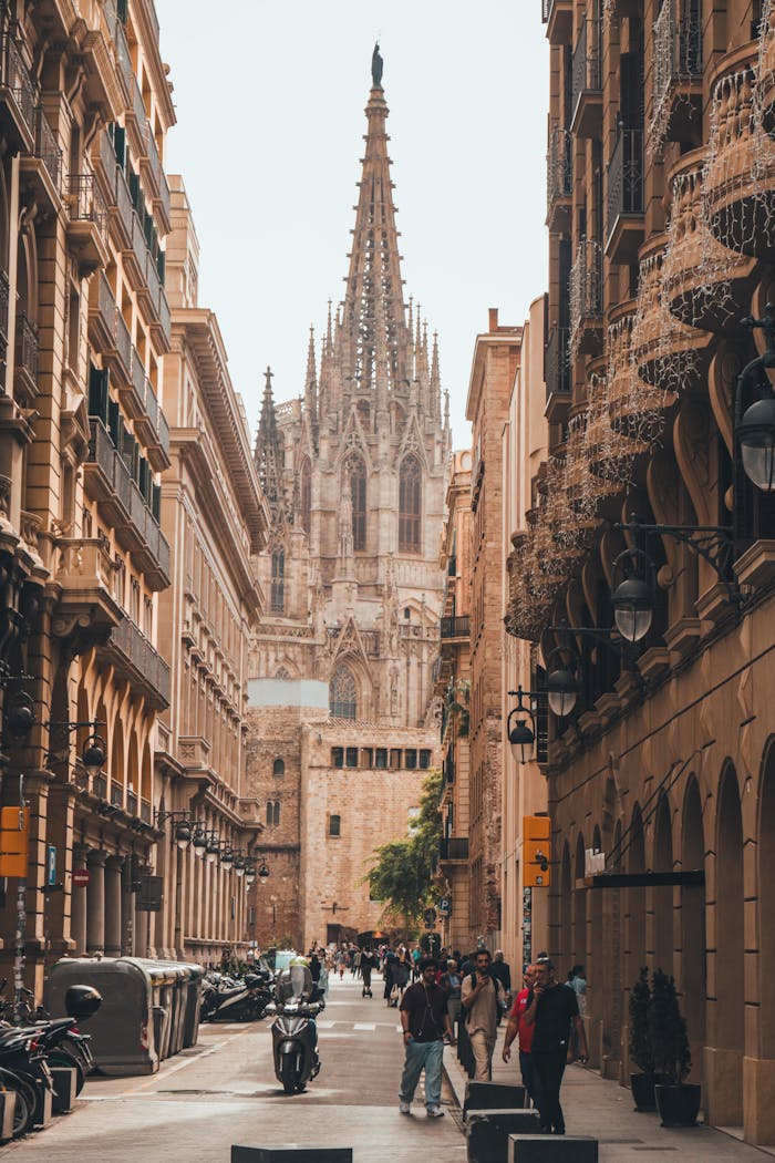 Beautiful view of Barcelona's Gothic Cathedral surrounded by historic city streets.